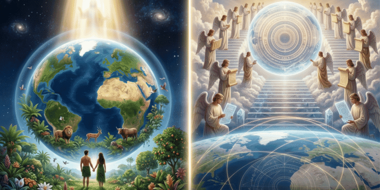 Comparativa entre el Génesis y el Libro de los Jubileos: a la izquierda Adán y Eva en el jardín del Edén con la Tierra creada, a la derecha los ángeles con pergaminos y el calendario solar cósmico de los Jubileos