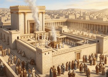 Reconstrucción del Templo de Herodes en Jerusalén durante el judaísmo del Segundo Templo, mostrando la arquitectura herodiana con pórticos columnados, patios de sacrificios, santuario central dorado, multitud de adoradores, sacerdotes en funciones rituales y Jerusalén densamente poblada en el siglo I a.C.