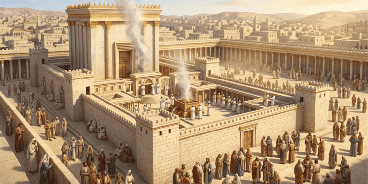 Reconstrucción del Templo de Herodes en Jerusalén durante el judaísmo del Segundo Templo, mostrando la arquitectura herodiana con pórticos columnados, patios de sacrificios, santuario central dorado, multitud de adoradores, sacerdotes en funciones rituales y Jerusalén densamente poblada en el siglo I a.C.