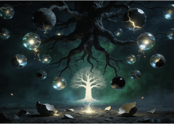 Árbol del Mal con esferas agrietadas que aprisionan chispas de luz divina, representación del shevirat ha-kelim y las klipot cabalísticas, con el Árbol de la Vida luminoso al fondo