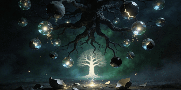 Árbol del Mal con esferas agrietadas que aprisionan chispas de luz divina, representación del shevirat ha-kelim y las klipot cabalísticas, con el Árbol de la Vida luminoso al fondo