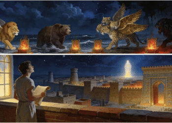 Las cuatro bestias del Libro de Daniel emergiendo del mar —león alado, oso, leopardo de cuatro cabezas y bestia oscura— y Daniel en Babilonia contemplando una visión celestial