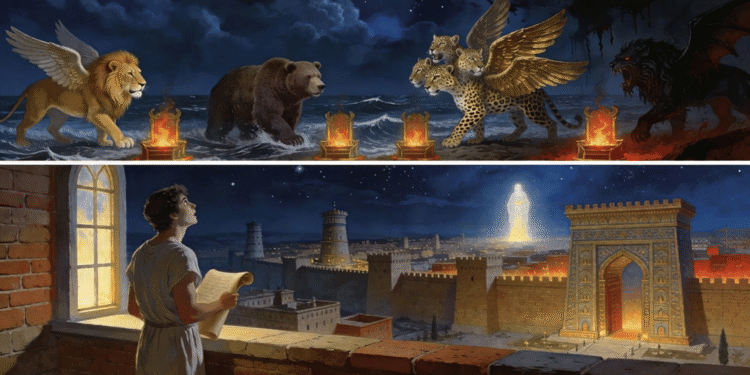 Las cuatro bestias del Libro de Daniel emergiendo del mar —león alado, oso, leopardo de cuatro cabezas y bestia oscura— y Daniel en Babilonia contemplando una visión celestial