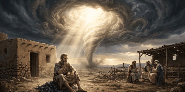 El Libro de Job: Job en el estercolero en primer plano, los tres amigos debatiendo a la derecha, el torbellino divino en el centro con Leviatán y Behemot en las nubes, representación completa de la estructura del libro bíblico