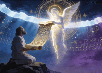 Moisés recibiendo la revelación del Ángel de la Presencia en el Sinaí con pergamino y tablas calendáricas, ilustración del marco narrativo del Libro de los Jubileos