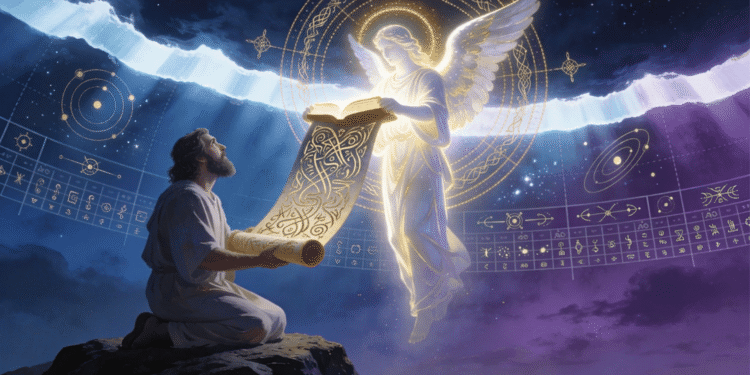 Moisés recibiendo la revelación del Ángel de la Presencia en el Sinaí con pergamino y tablas calendáricas, ilustración del marco narrativo del Libro de los Jubileos