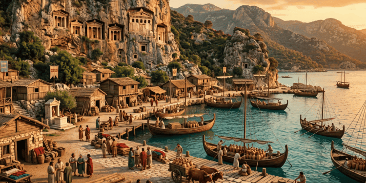 Reconstrucción artística de un puerto licio en la costa sudoeste de Anatolia. Las tumbas con fachadas tipo templo están talladas directamente en los acantilados de piedra caliza. Naves mercantes con velas cuadradas simples anclan en la bahía natural. Comerciantes y trabajadores descargan ánforas y cargo en los muelles de madera. Montañas cubiertas de vegetación dominan el paisaje interior. La escena evoca el apogeo del comercio de los licios entre 1200-540 a.C.