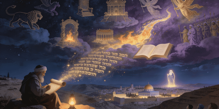 Literatura apocalíptica judía. Visionario judío escribiendo un rollo apocalíptico con escritura hebrea luminosa ascendiendo al cielo, rodeado de visiones de tronos divinos, ángeles guerreros, bestias aladas y Jerusalén al fondo