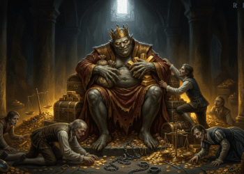 Mammón, el demonio del dinero y la avaricia, sentado en un trono de oro y riqueza. Su cuerpo musculoso está envuelto en un manto rojo de lujo mientras una corona de oro corona su cabeza. Monedas de oro esparcidas cubren el piso de su templo corrupto. Alrededor de él, sirvientes encadenados y adoradores humanos se arrodillan o se arrastran entre baúles de tesoros, balanzas de justicia rotas, y más oro. Una luz dorada emana de Mammón como si fuera una deidad. La arquitectura del templo sugiere un lugar sagrado que ha sido profanado por la obsesión con la riqueza material.