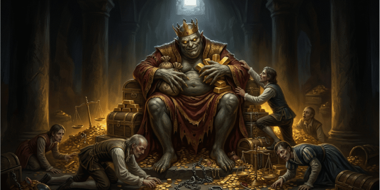 Mammón, el demonio del dinero y la avaricia, sentado en un trono de oro y riqueza. Su cuerpo musculoso está envuelto en un manto rojo de lujo mientras una corona de oro corona su cabeza. Monedas de oro esparcidas cubren el piso de su templo corrupto. Alrededor de él, sirvientes encadenados y adoradores humanos se arrodillan o se arrastran entre baúles de tesoros, balanzas de justicia rotas, y más oro. Una luz dorada emana de Mammón como si fuera una deidad. La arquitectura del templo sugiere un lugar sagrado que ha sido profanado por la obsesión con la riqueza material.