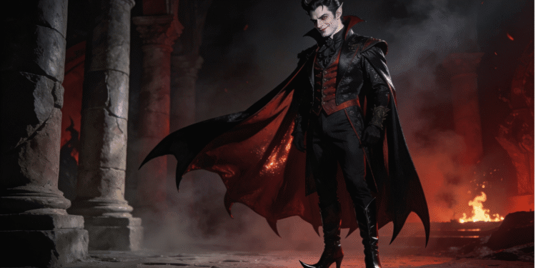 Mefistófeles, el demonio de los pactos fáusticos, de pie en las ruinas de una civilización destruida. Su figura es elegante y sofisticada: viste un traje negro ornamentado con detalles rojos, con una larga capa roja que ondea dramáticamente. Sus cuernos son pequeños y sutiles. Su expresión es inteligente y seductora, con una sonrisa segura. A su espalda, fuego infernal ilumina ruinas clásicas de piedra. El entorno es destruido pero el demonio permanece impecable, controlado, observando con la certeza de quien sabe que su víctima ha aceptado el pacto.