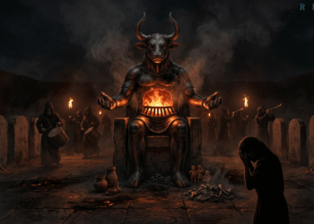 Moloch, el dios demoniaco con cabeza de toro, sentado en un trono mientras su cuerpo arde en llamas consumidoras. Sacerdotes en robes negros con antorchas lo rodean, flanqueados por estelas funerarias. Pequeñas figuras humanas, adoradores o víctimas, se agachan ante el horno ardiente de su pecho. Humo oscuro envuelve toda la escena de sacrificio ritual.