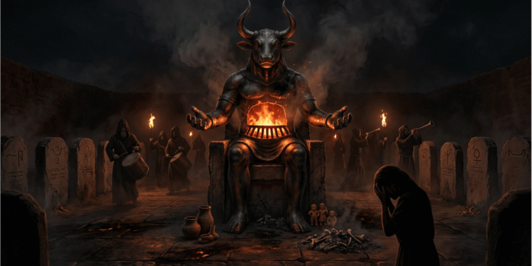 Moloch, el dios demoniaco con cabeza de toro, sentado en un trono mientras su cuerpo arde en llamas consumidoras. Sacerdotes en robes negros con antorchas lo rodean, flanqueados por estelas funerarias. Pequeñas figuras humanas, adoradores o víctimas, se agachan ante el horno ardiente de su pecho. Humo oscuro envuelve toda la escena de sacrificio ritual.
