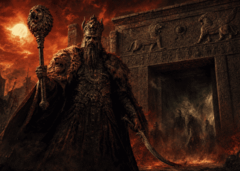 Nergal, rey del inframundo, sostiene una antorcha ardiente rodeado de ruinas babilónicas en llamas. A su espalda, un portal verde-amarillo sugiere el acceso al reino de los muertos.