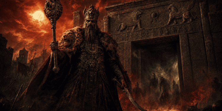 Nergal, rey del inframundo, sostiene una antorcha ardiente rodeado de ruinas babilónicas en llamas. A su espalda, un portal verde-amarillo sugiere el acceso al reino de los muertos.