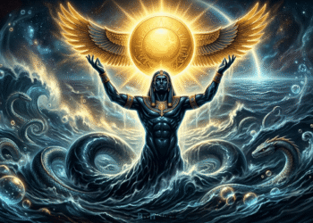 Nun, el océano primordial del caos, personificado como dios anciano que emerge de aguas infinitas. Con los brazos levantados sostiene el disco solar (orden) sobre el caos turbulento. Las serpientes y burbujas luminosas en el agua representan el potencial infinito y la amenaza perpetua de la indiferenciación primordial.