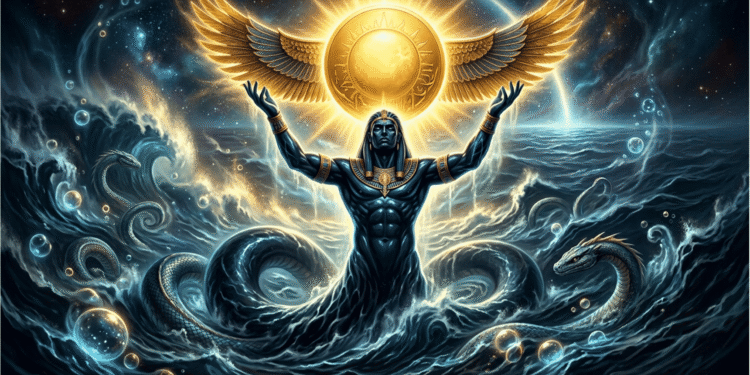 Nun, el océano primordial del caos, personificado como dios anciano que emerge de aguas infinitas. Con los brazos levantados sostiene el disco solar (orden) sobre el caos turbulento. Las serpientes y burbujas luminosas en el agua representan el potencial infinito y la amenaza perpetua de la indiferenciación primordial.