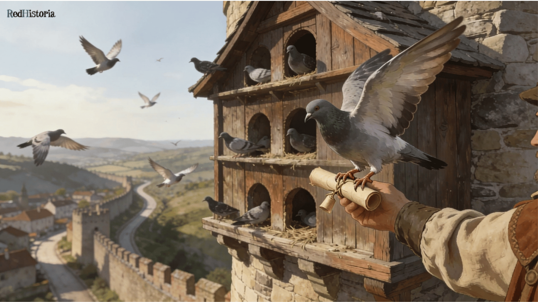 Paloma mensajera medieval volando sobre castillo con mensaje, sistema de comunicación
de la Edad Media