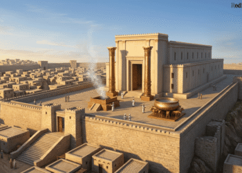 Reconstrucción del Primer Templo de Jerusalén construido por Salomón, mostrando la arquitectura levantina con columnas doradas, patio exterior con altar de bronce, fuente de bronce y el Santo de los Santos, rodeado de la ciudad antigua de Jerusalén en el siglo X a.C.