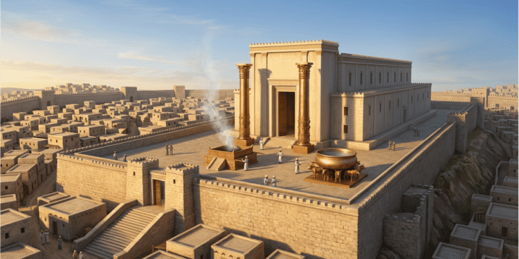 Reconstrucción del Primer Templo de Jerusalén construido por Salomón, mostrando la arquitectura levantina con columnas doradas, patio exterior con altar de bronce, fuente de bronce y el Santo de los Santos, rodeado de la ciudad antigua de Jerusalén en el siglo X a.C.