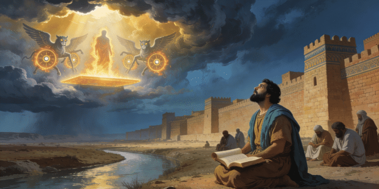 Ezequiel junto al río Quebar en Babilonia contemplando la visión de la merkabá: las criaturas vivientes con alas, las ruedas de fuego y la figura divina entronizada sobre la plataforma celestial
