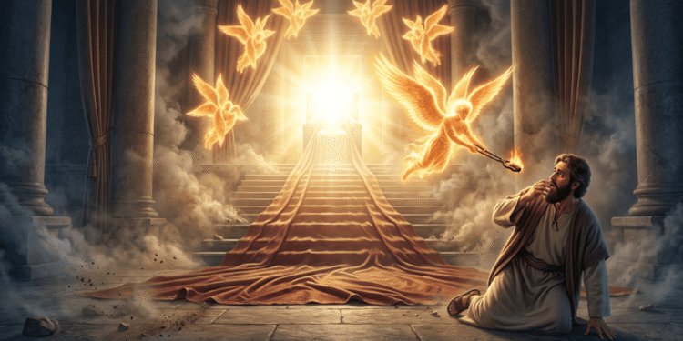 Isaías postrado ante el trono divino en el Templo de Jerusalén mientras un serafín ardiente le toca los labios con una brasa para purificarlo, visión del capítulo 6 del libro de Isaías