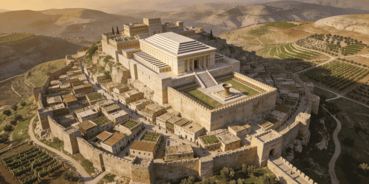 Jerusalén, capital del Reino de Judá (930-586 a.C.). El Templo monumental domina la ciudad fortificada rodeada de las colinas de Judá y viñedos terrazados.