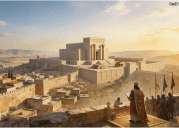 Reconstrucción artística del Primer Templo de Jerusalén durante el Reino Unificado (siglo X a.C.), con el rey Salomón y su corte en primer plano, supervisando la ciudad capital amurallada.