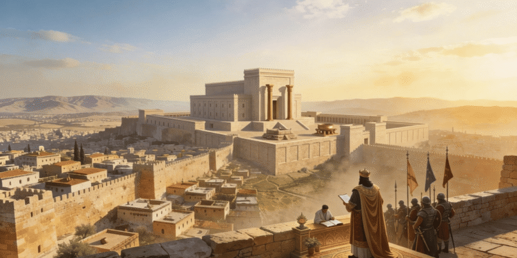 Reconstrucción artística del Primer Templo de Jerusalén durante el Reino Unificado (siglo X a.C.), con el rey Salomón y su corte en primer plano, supervisando la ciudad capital amurallada.