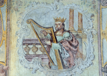 Pintura del rey David tocando el arpa, símbolo bíblico de los salmos y la alabanza a Dios