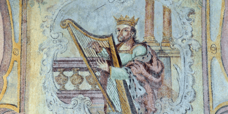 Pintura del rey David tocando el arpa, símbolo bíblico de los salmos y la alabanza a Dios