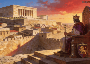 Rey de Judá del sur reinando desde trono sobre Jerusalén con Templo de Salomón dorado al fondo, escudo del León de Judá, siglos VII-VI a.C., integrante de la lista de reyes de Judá