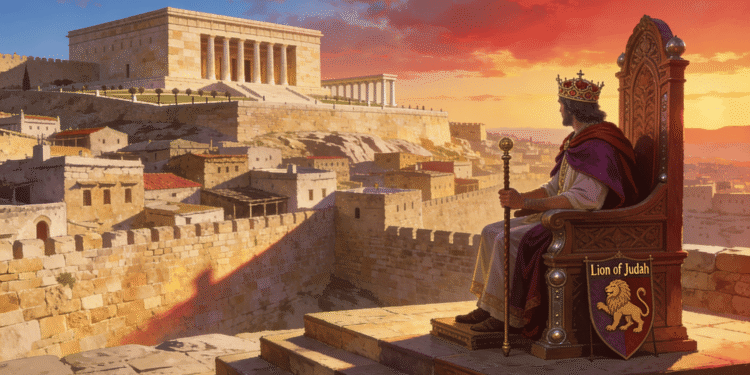 Rey de Judá del sur reinando desde trono sobre Jerusalén con Templo de Salomón dorado al fondo, escudo del León de Judá, siglos VII-VI a.C., integrante de la lista de reyes de Judá