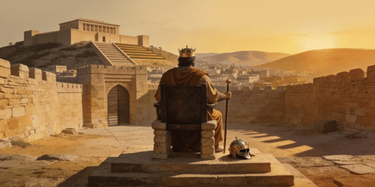 Rey de Israel del norte contemplando su reino desde la fortaleza de Samaria, con murallas, puertas fortificadas y ciudad al fondo durante el período de los reinos divididos (siglos IX-VIII a.C.)