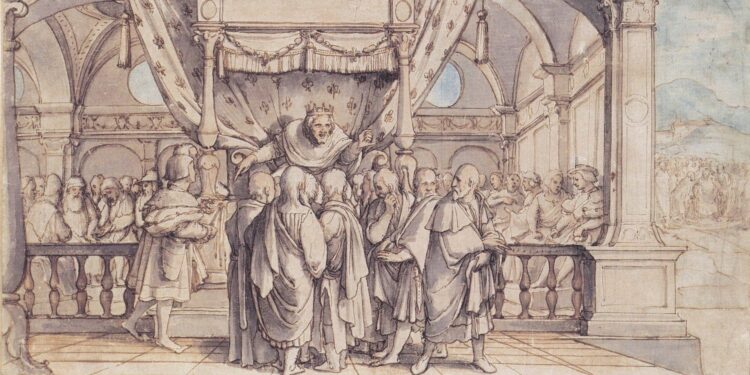 Roboam, rey de Israel, rechaza la petición de los ancianos del norte en Siquem (930 a.C.). Declara aumentar impuestos en lugar de aliviarlos, causando rebelión inmediata del norte.