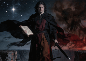 Samael con pergamino de los muertos, espada y balanza de la justicia, entre el cielo estrellado y el humo infernal, representación de su dualidad como ángel de la muerte y rey demoníaco