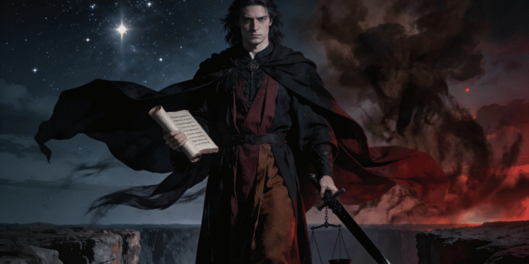 Samael con pergamino de los muertos, espada y balanza de la justicia, entre el cielo estrellado y el humo infernal, representación de su dualidad como ángel de la muerte y rey demoníaco