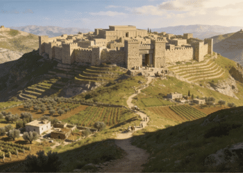 Samaria, capital del Reino de Israel (norte, 931-722 a.C.). Ciudad fortificada monumental rodeada de tierras fértiles, olivos y viñedos en las colinas levantinas.