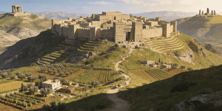 Samaria, capital del Reino de Israel (norte, 931-722 a.C.). Ciudad fortificada monumental rodeada de tierras fértiles, olivos y viñedos en las colinas levantinas.