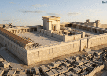 Reconstrucción del Segundo Templo de Jerusalén bajo Herodes el Grande, mostrando la arquitectura herodiana con pórticos columnados, plataforma expandida, santuario central dorado, patios de sacrificios y murallas defensivas rodeadas de la ciudad de Jerusalén en el siglo I a.C.