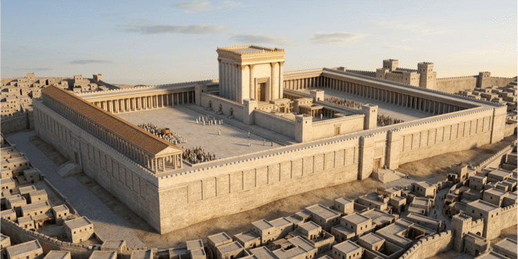 Reconstrucción del Segundo Templo de Jerusalén bajo Herodes el Grande, mostrando la arquitectura herodiana con pórticos columnados, plataforma expandida, santuario central dorado, patios de sacrificios y murallas defensivas rodeadas de la ciudad de Jerusalén en el siglo I a.C.