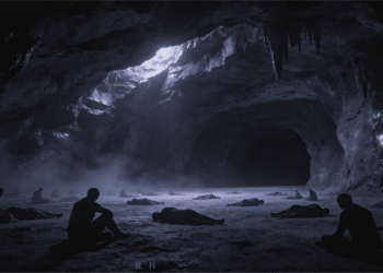 El Sheol, el inframundo judío, representado como caverna subterránea con figuras en silueta de los refaim, las sombras de los muertos, bajo una abertura de luz hacia el mundo de los vivos