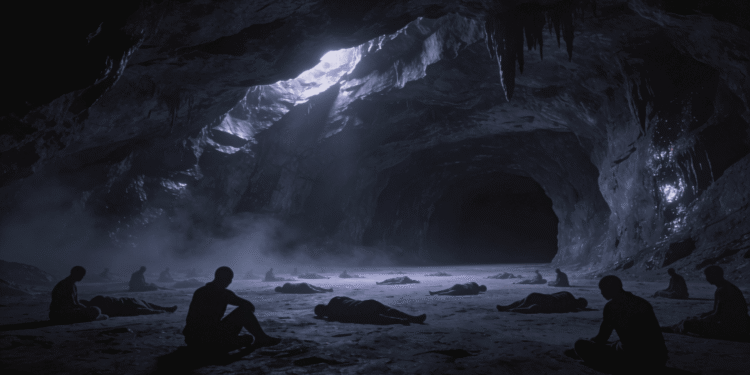 El Sheol, el inframundo judío, representado como caverna subterránea con figuras en silueta de los refaim, las sombras de los muertos, bajo una abertura de luz hacia el mundo de los vivos