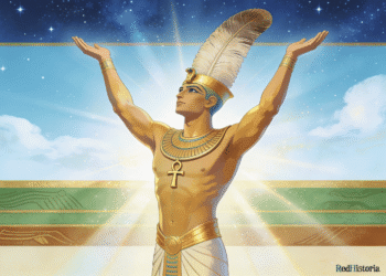 Shu, dios del aire, sostiene eternamente a Nut en el cielo mientras Geb permanece en la tierra. Su trabajo infinito mantiene la estructura del cosmos ordenado.