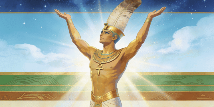 Shu, dios del aire, sostiene eternamente a Nut en el cielo mientras Geb permanece en la tierra. Su trabajo infinito mantiene la estructura del cosmos ordenado.