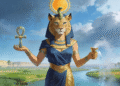 Tefnut, diosa de la humedad y la fertilidad, sostiene el ankh y la copa del Nilo. Su forma de leona dorada y los campos verdes del valle revelan su poder generador de vida.