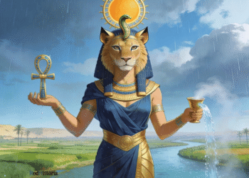 Tefnut, diosa de la humedad y la fertilidad, sostiene el ankh y la copa del Nilo. Su forma de leona dorada y los campos verdes del valle revelan su poder generador de vida.