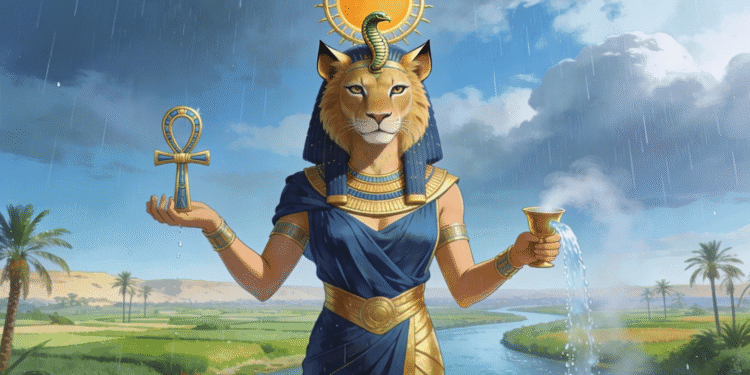 Tefnut, diosa de la humedad y la fertilidad, sostiene el ankh y la copa del Nilo. Su forma de leona dorada y los campos verdes del valle revelan su poder generador de vida.
