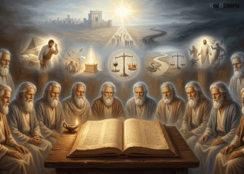 Los doce patriarcas ancianos reunidos alrededor del manuscrito abierto de los Testamentos de los doce Patriarcas con símbolos de las virtudes y los vicios de cada testamento flotando sobre ellos y visiones escatológicas del Templo y Beliar al fondo