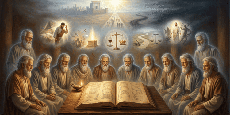 Los doce patriarcas ancianos reunidos alrededor del manuscrito abierto de los Testamentos de los doce Patriarcas con símbolos de las virtudes y los vicios de cada testamento flotando sobre ellos y visiones escatológicas del Templo y Beliar al fondo